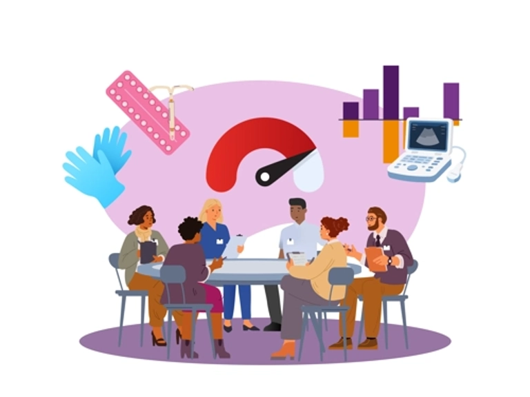 Group discussing around a table with graphics of pills, gloves, speedometer
