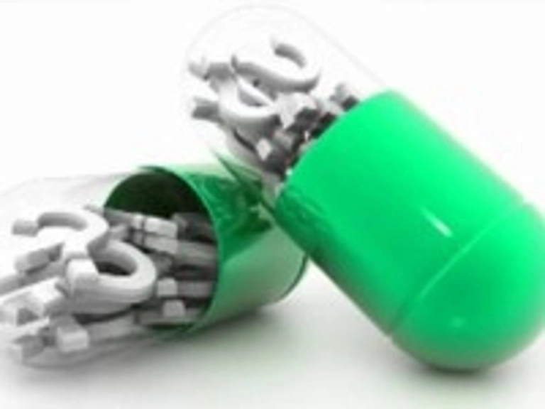 graphic of 2 green and transparent colored capsules that contains question marks