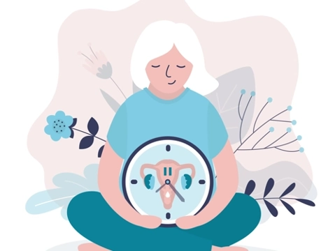 illustration of a woman sitting down hugging a clock with a graphic of uterus